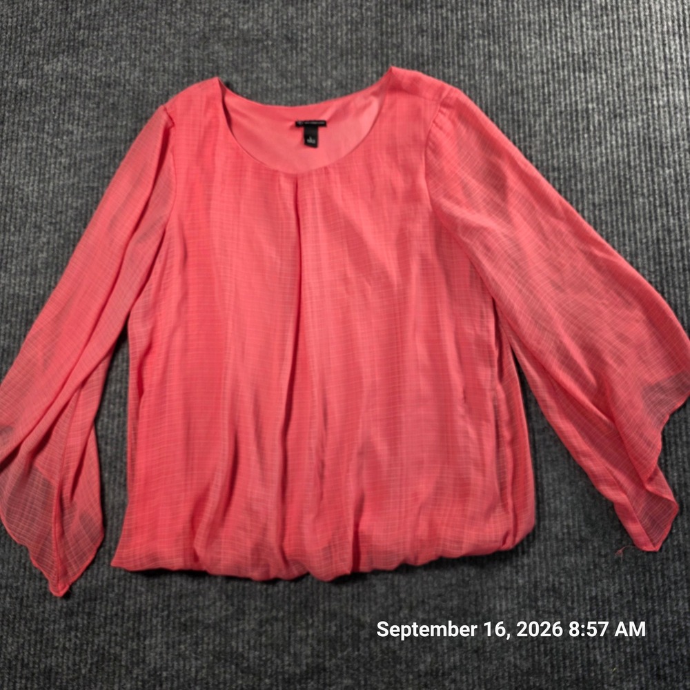New Directions Coral Pink Bubble Hem Blouse Split Bell Sleeve Textured Top Large